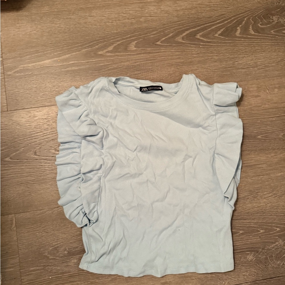 Zara Light Blue Ruffle Sleeveless Blouse